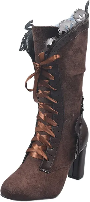 Ladmiple Fall Boots Women Knee High Wide Calf Vintage Victorian Boots 70s Lace up Mid Heel Cone Heel Western Boots 2024