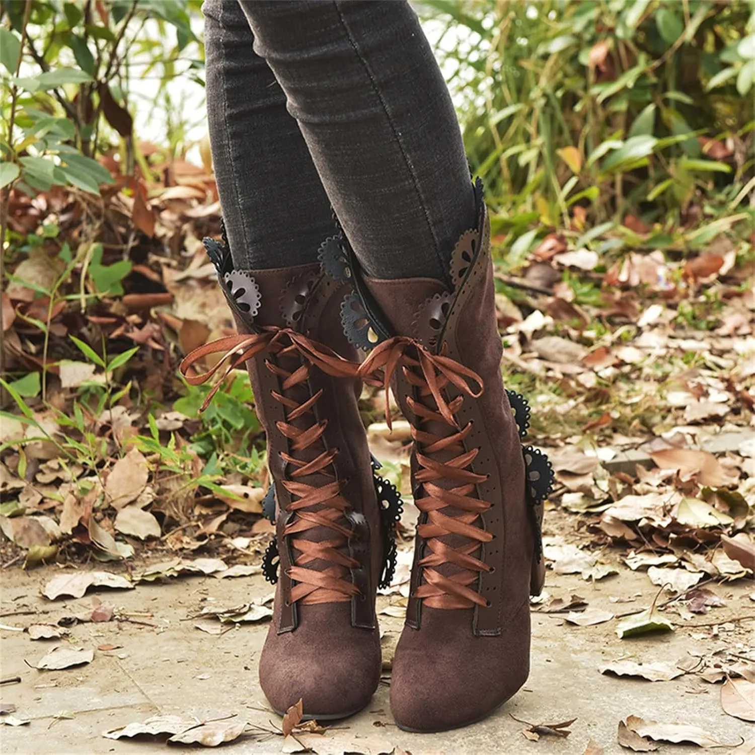 Ladmiple Fall Boots Women Knee High Wide Calf Vintage Victorian Boots 70s Lace up Mid Heel Cone Heel Western Boots 2024