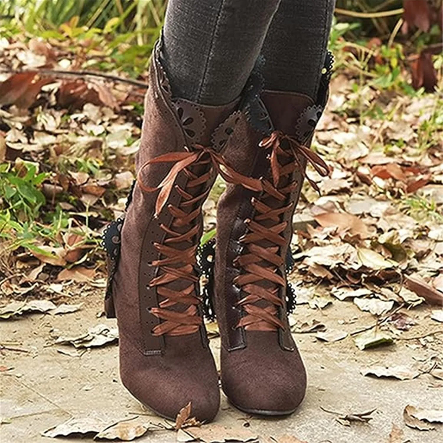 Ladmiple Fall Boots Women Knee High Wide Calf Vintage Victorian Boots 70s Lace up Mid Heel Cone Heel Western Boots 2024