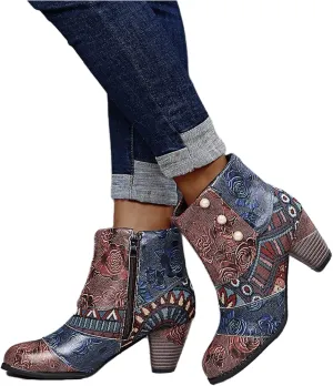 Lausiuoe Ankle Boots For Women Low Heel Dressy Cowgirl Cowboy Western Short Booties Wide Width Side Zipper Booties