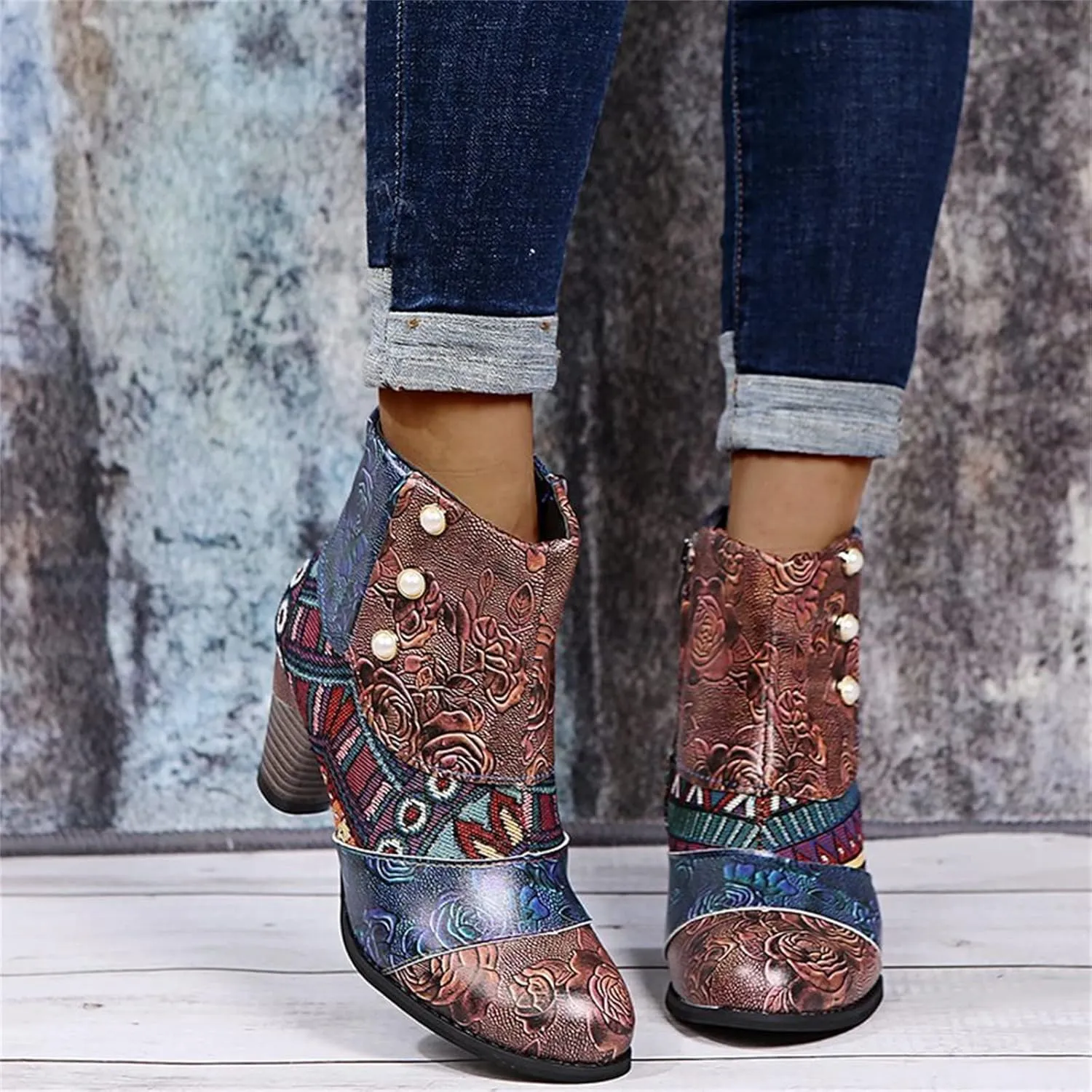 Lausiuoe Ankle Boots For Women Low Heel Dressy Cowgirl Cowboy Western Short Booties Wide Width Side Zipper Booties