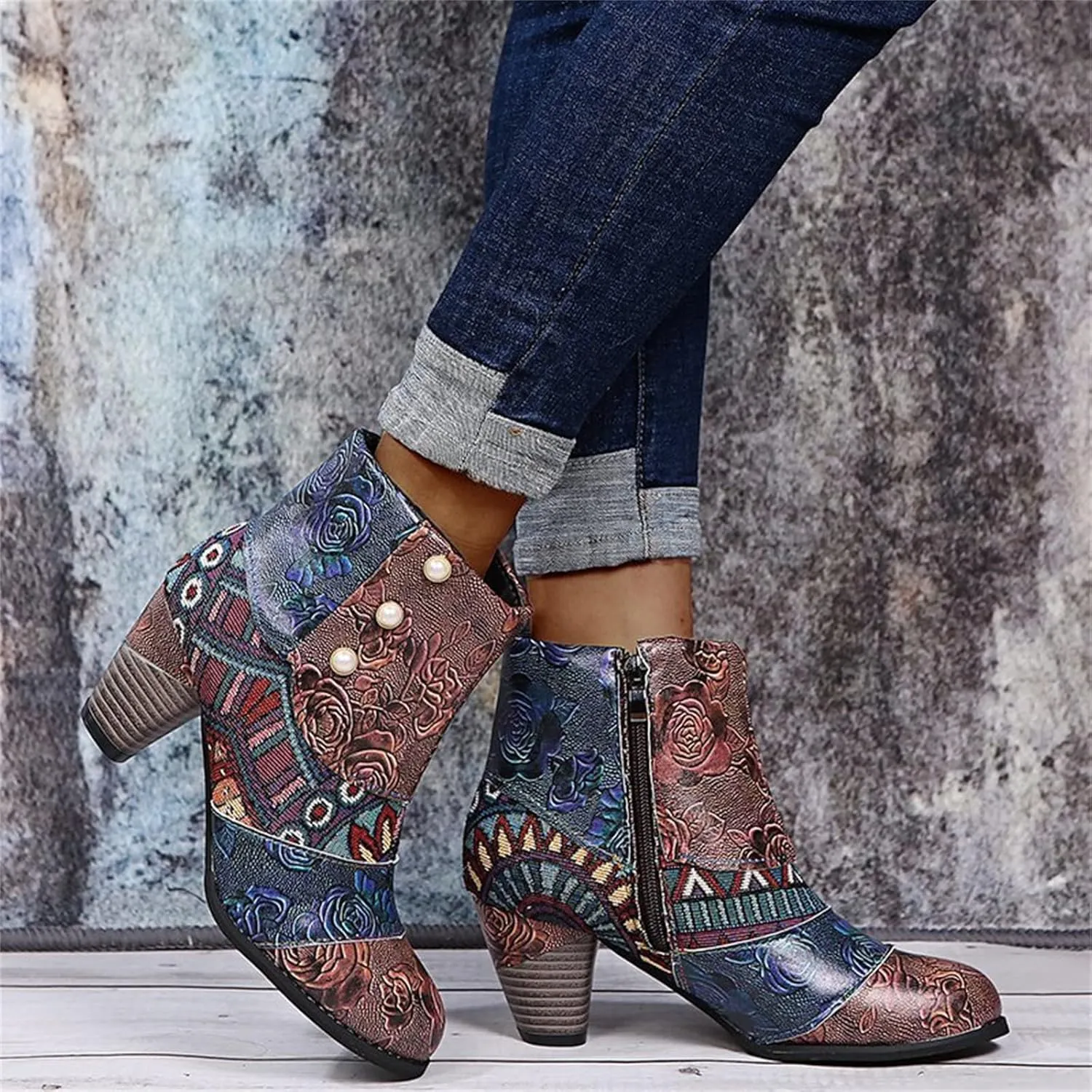 Lausiuoe Ankle Boots For Women Low Heel Dressy Cowgirl Cowboy Western Short Booties Wide Width Side Zipper Booties