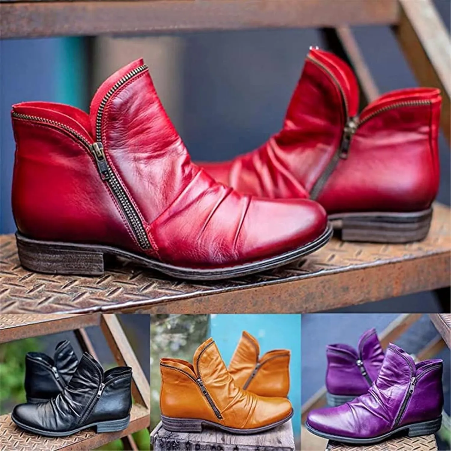 Lausiuoe Boots For Women Ankle Booties Low Heel Casual Dressy Chunky Platform Block Combat Boots Slip on Cutout Booties