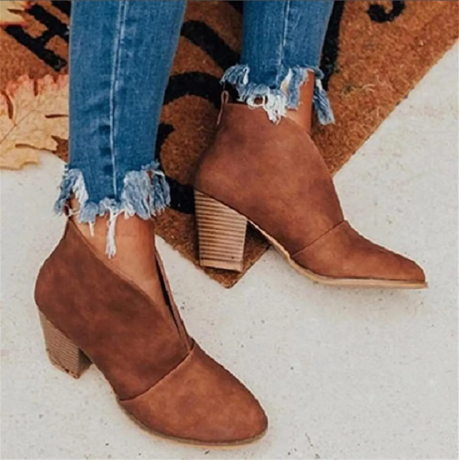 Lausiuoe Boots For Women Ankle Booties Low Heel Platform Slip on Cutout Chunky Block Casual Dressy Fashion Combat Boots