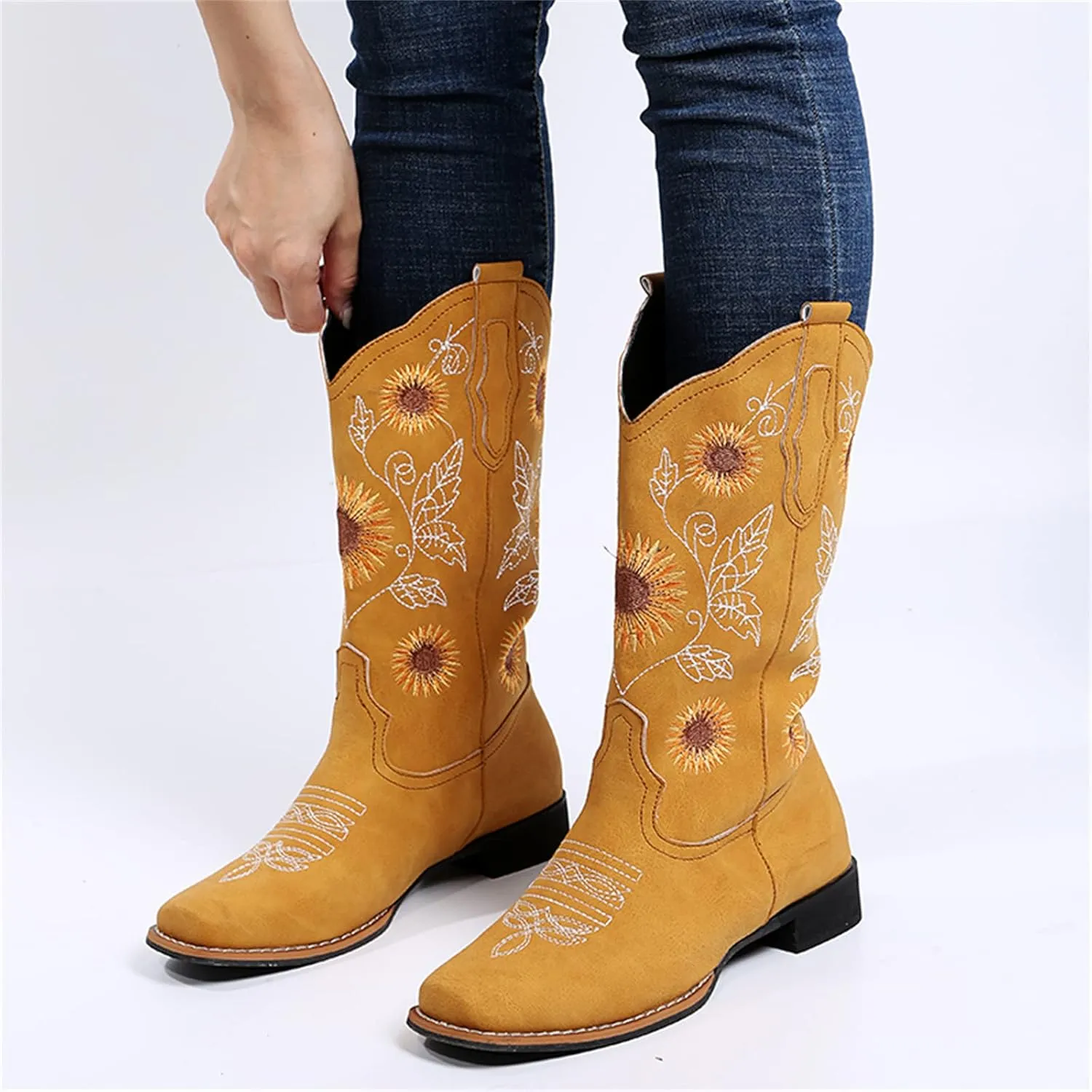 Lausiuoe Cowboy Boots For Women Mid Calf Cowgirl Western Boots Sunflower Embroidered Fashion Retro Classic Chunky Boots
