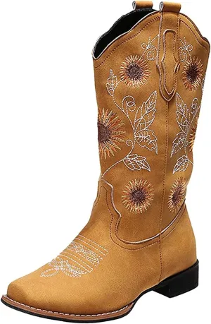 Lausiuoe Cowboy Boots For Women Mid Calf Cowgirl Western Boots Sunflower Embroidered Fashion Retro Classic Chunky Boots