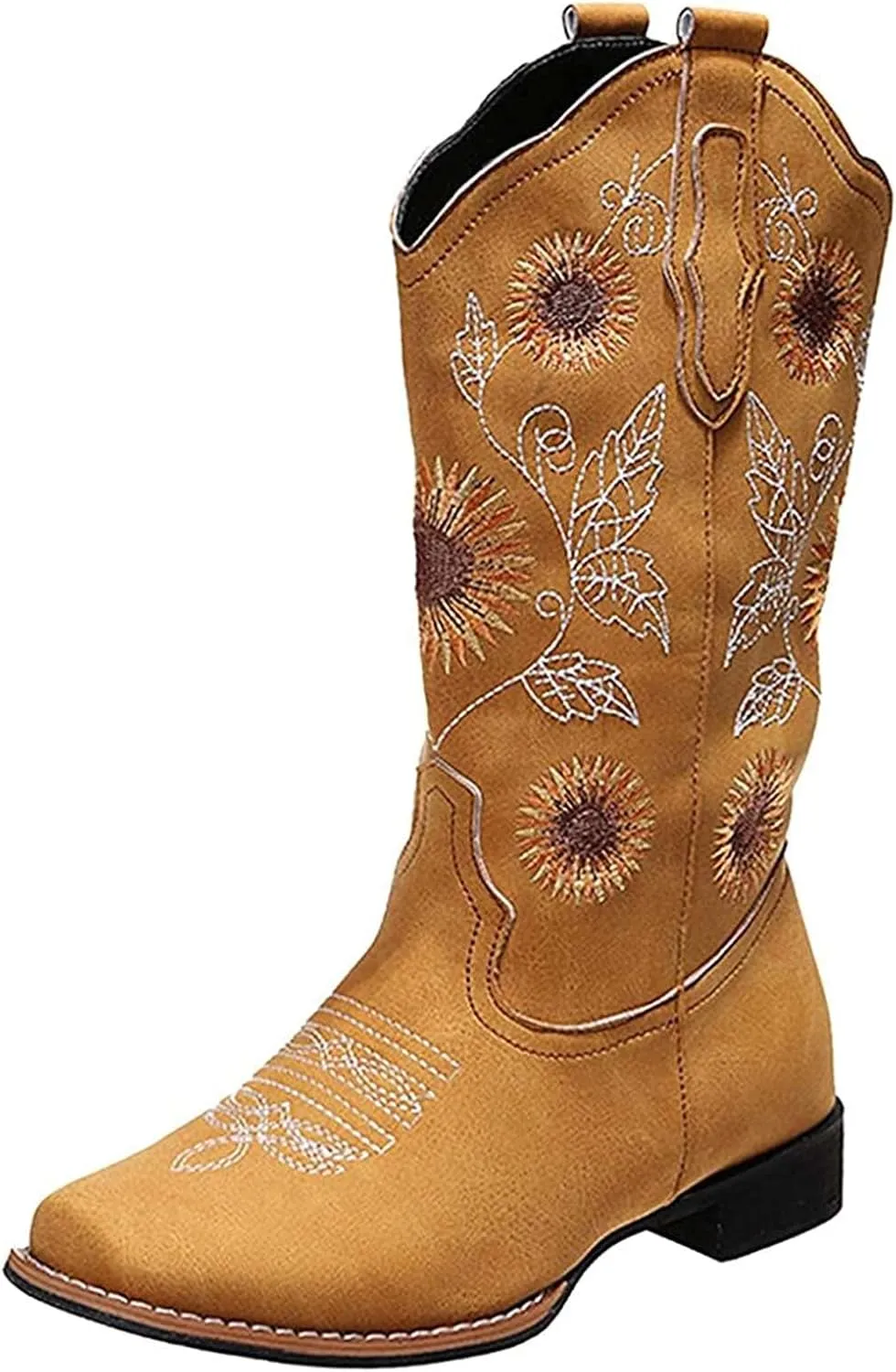 Lausiuoe Cowboy Boots For Women Mid Calf Cowgirl Western Boots Sunflower Embroidered Fashion Retro Classic Chunky Boots