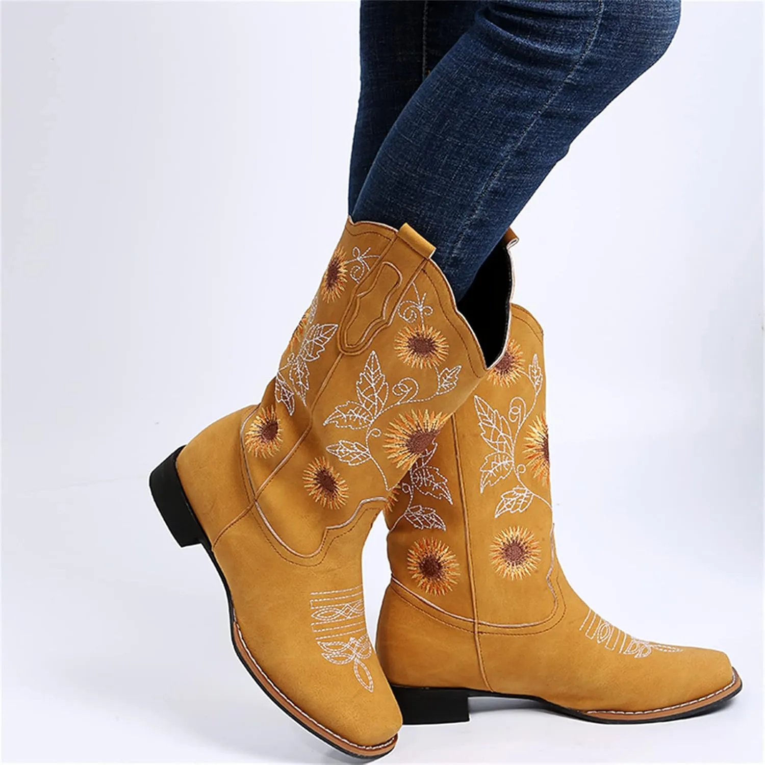 Lausiuoe Cowboy Boots For Women Mid Calf Cowgirl Western Boots Sunflower Embroidered Fashion Retro Classic Chunky Boots