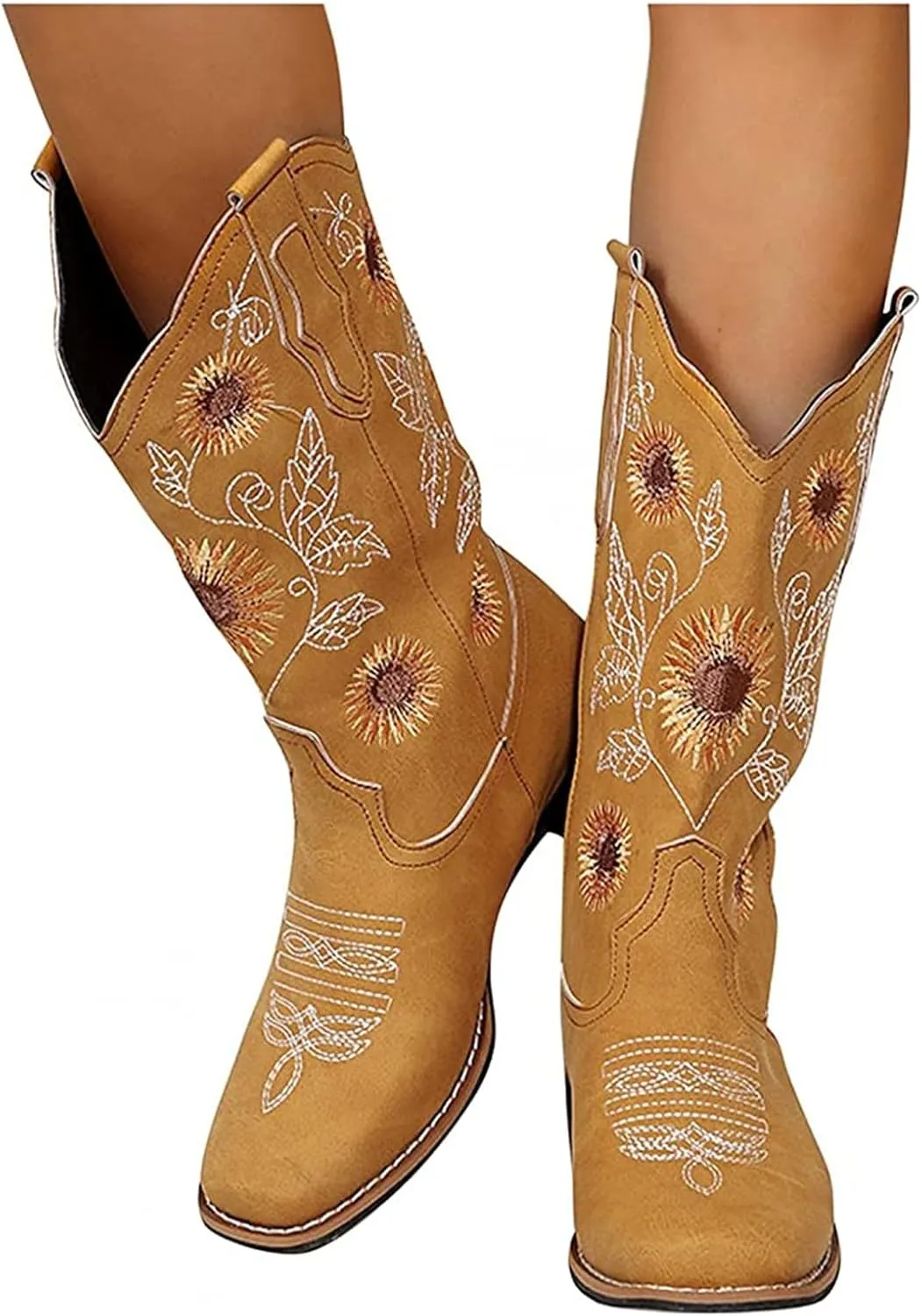 Lausiuoe Cowboy Boots For Women Mid Calf Cowgirl Western Boots Sunflower Embroidered Fashion Retro Classic Chunky Boots