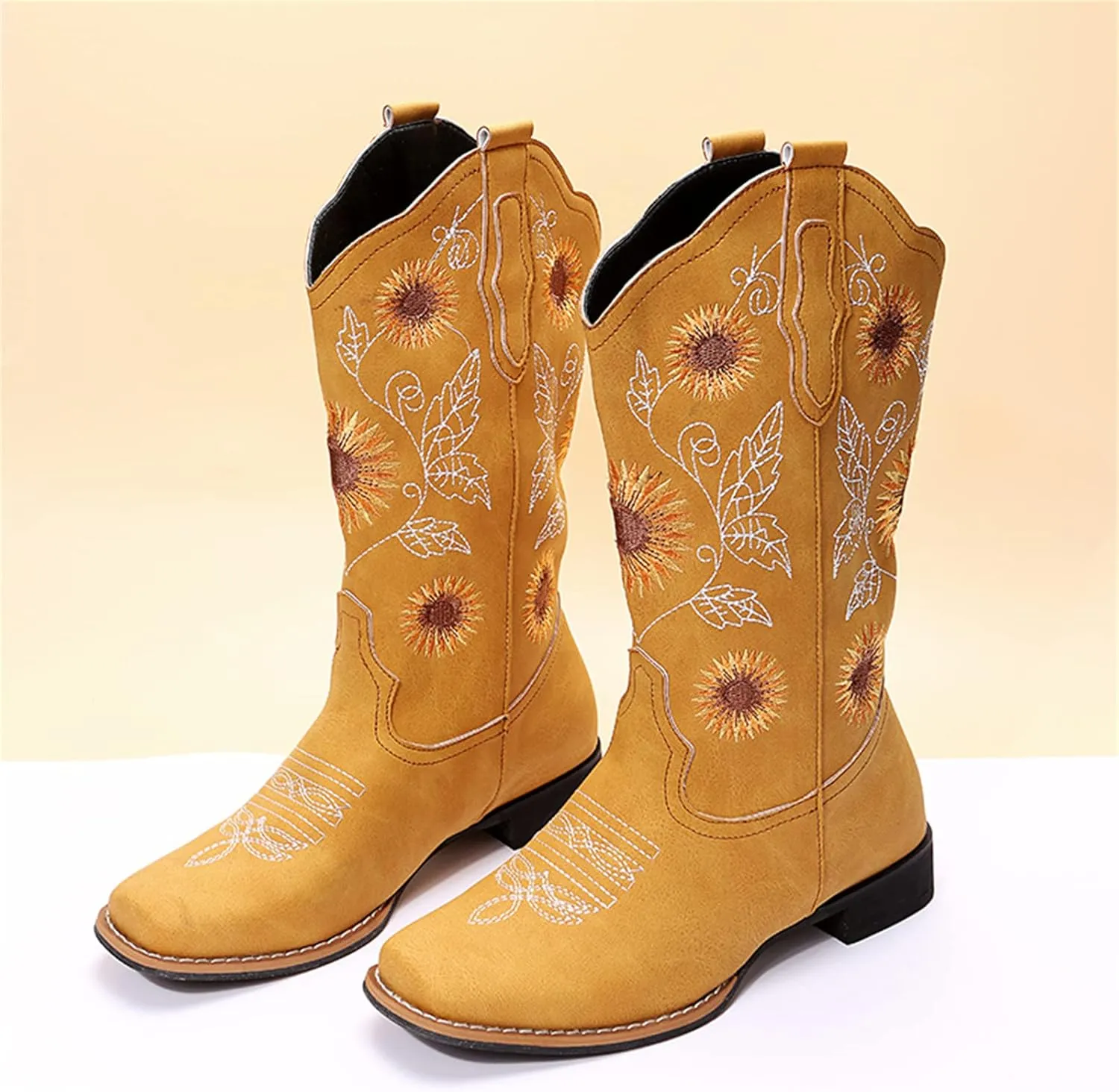 Lausiuoe Cowboy Boots For Women Mid Calf Cowgirl Western Boots Sunflower Embroidered Fashion Retro Classic Chunky Boots