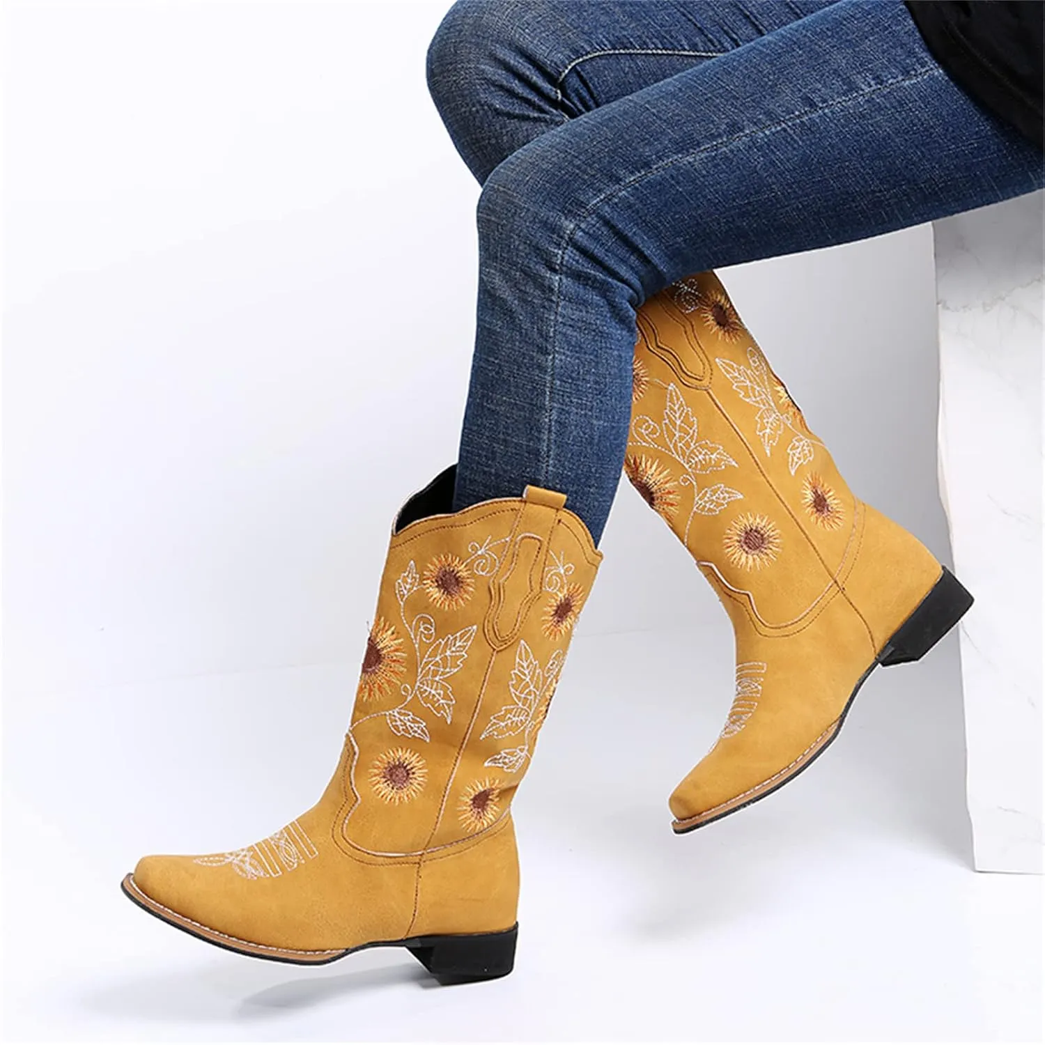 Lausiuoe Cowboy Boots For Women Mid Calf Cowgirl Western Boots Sunflower Embroidered Fashion Retro Classic Chunky Boots