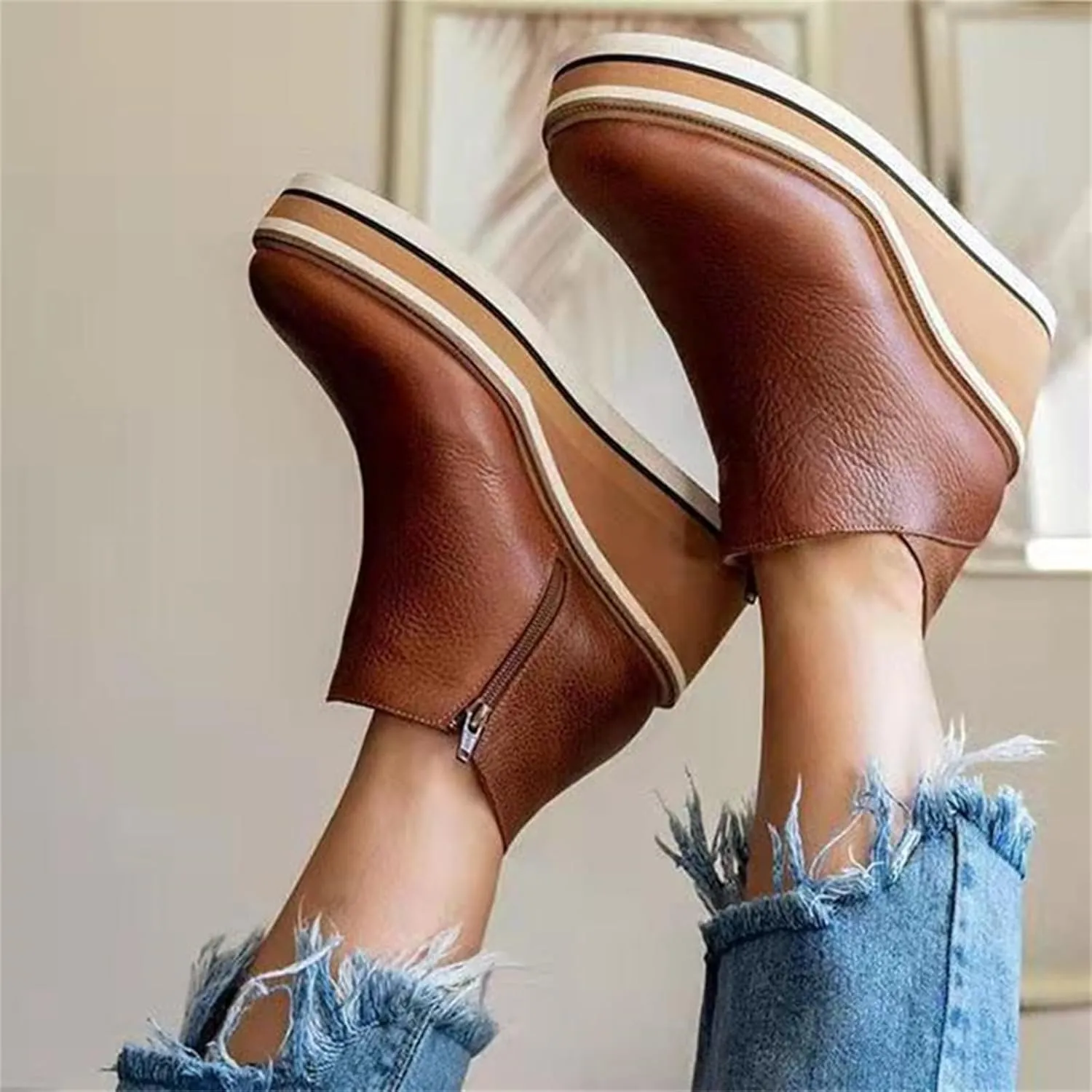 Lausiuoe Wedge Booties For Women Closed Toe Platform Ankle Booties Slip on Casual Dressy Fashion Heeled Western Fall Boots