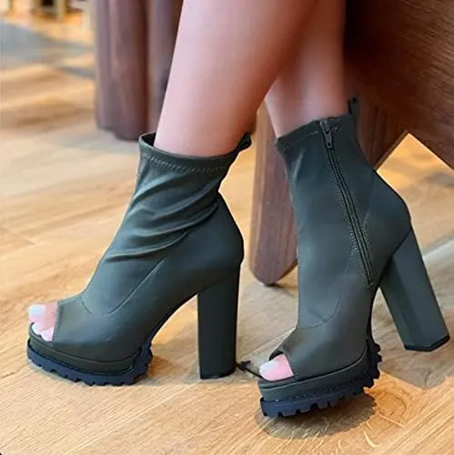 Liliana Women Fashionable Peep Open Toe Cutout Chunky Heel Bootie