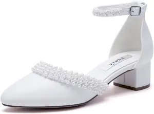 Low Block Heel Wedding Shoes for Bride Pearl Heels for Women Round Toe Bridal Shoes
