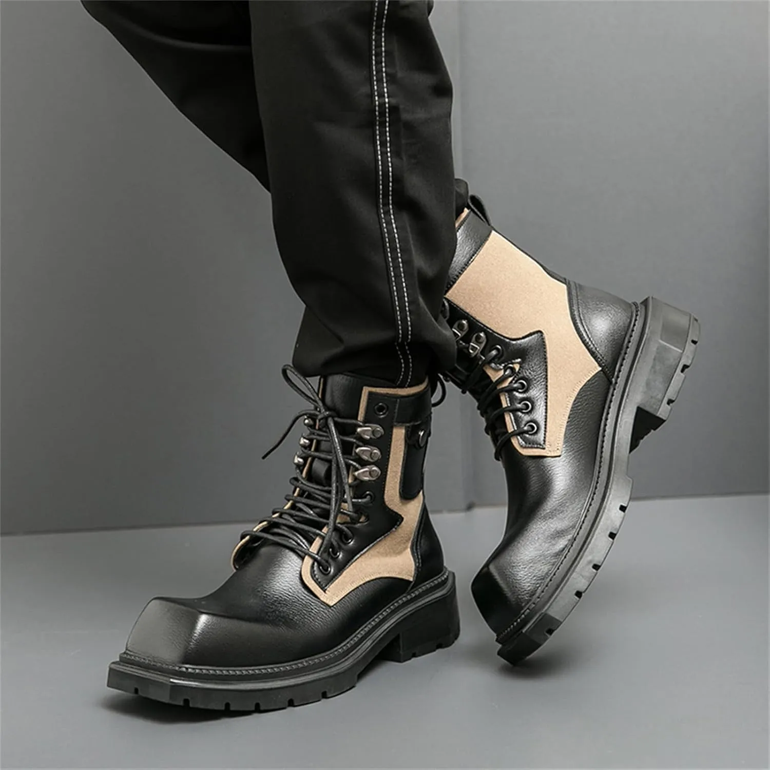 Mens Vintage Leather Chunky Heels Ankle Chukka Boots Casual Square Toe Platform Lace Up Dress Booties for Party Walking Combat Boots