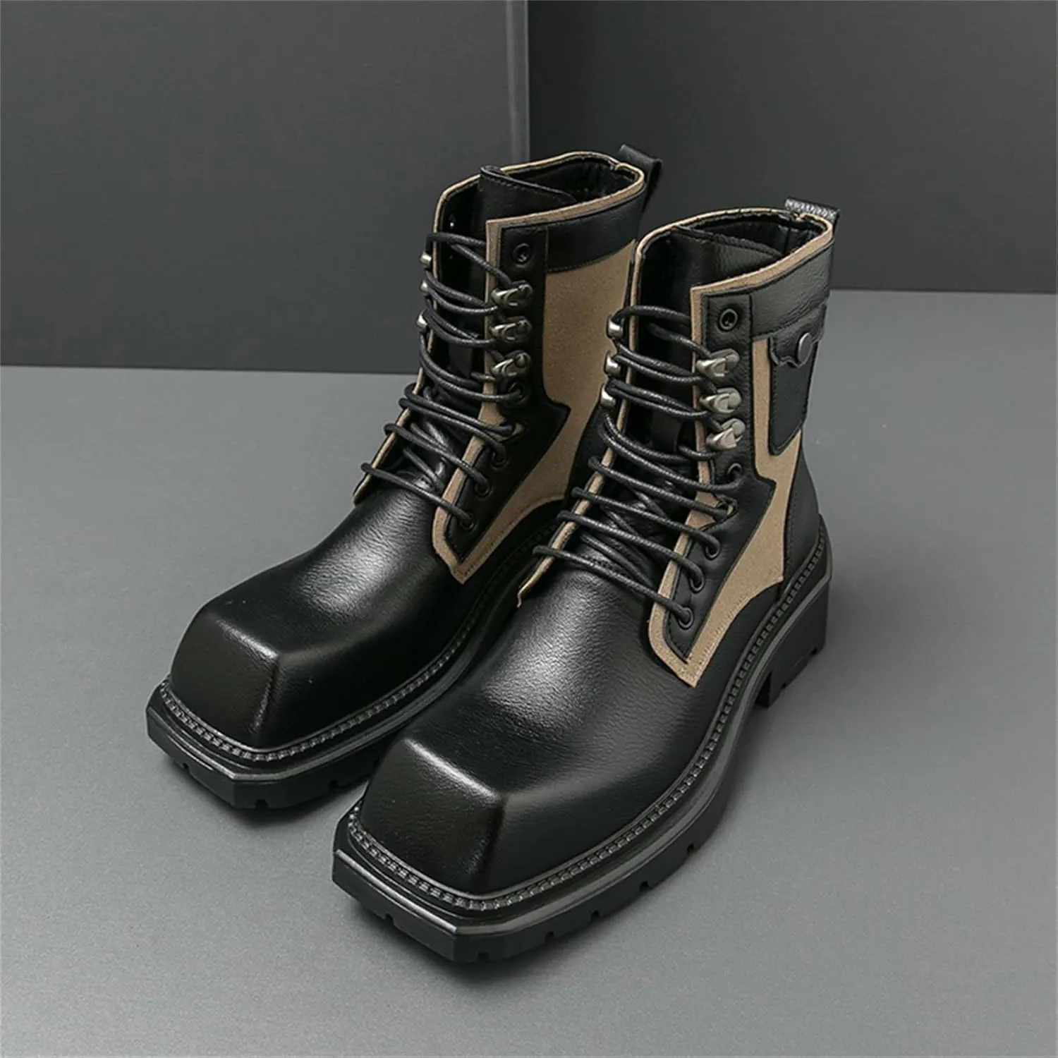 Mens Vintage Leather Chunky Heels Ankle Chukka Boots Casual Square Toe Platform Lace Up Dress Booties for Party Walking Combat Boots