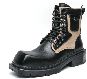 Mens Vintage Leather Chunky Heels Ankle Chukka Boots Casual Square Toe Platform Lace Up Dress Booties for Party Walking Combat Boots