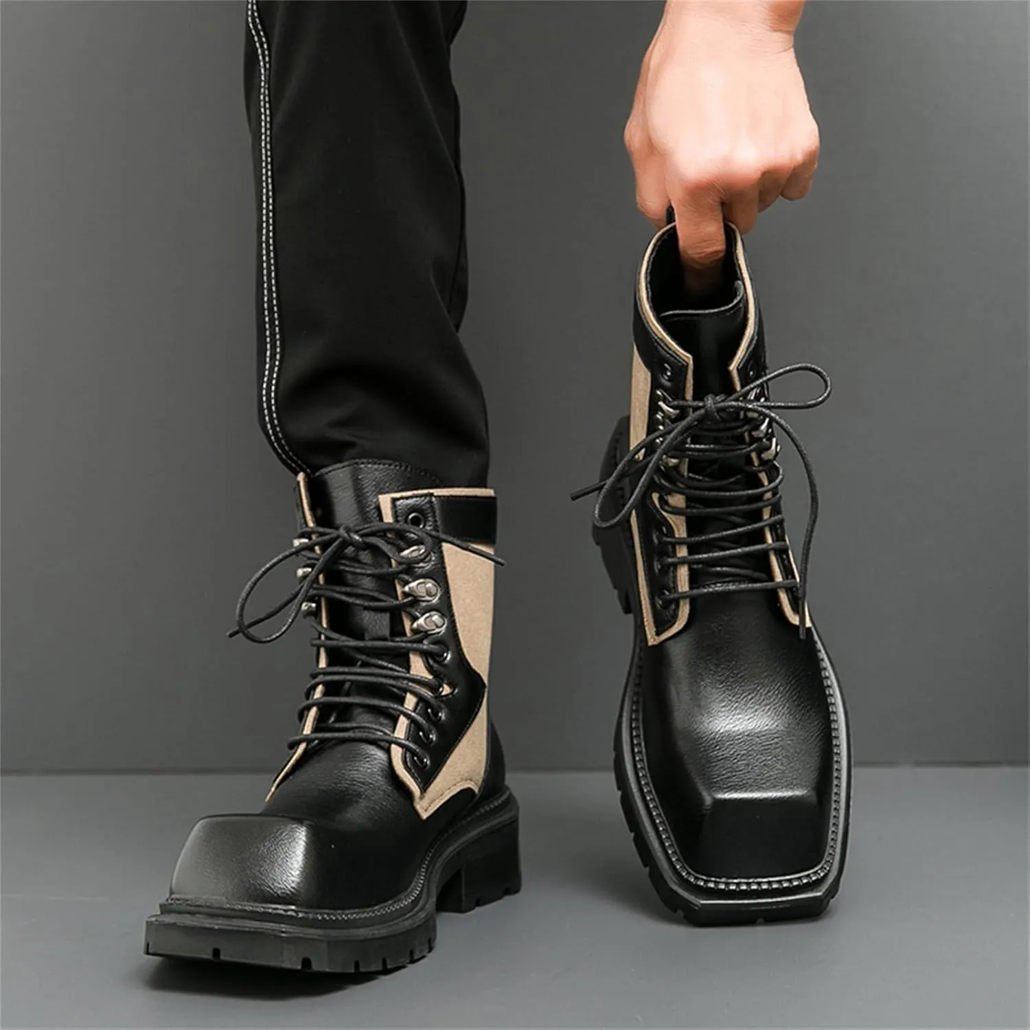 Mens Vintage Leather Chunky Heels Ankle Chukka Boots Casual Square Toe Platform Lace Up Dress Booties for Party Walking Combat Boots