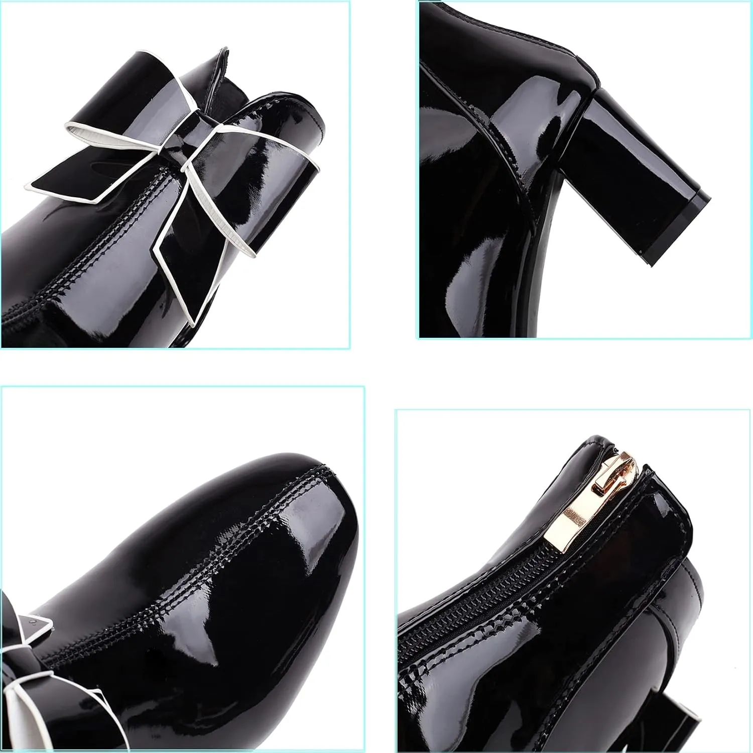 Patent Leather Gogo Boots Chunky Heel Ankle Boots Round Toe High Block Heel Booties Bow Back Zipper Womens Short Boots