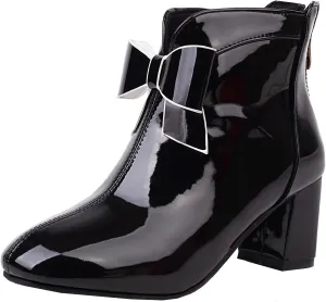 Patent Leather Gogo Boots Chunky Heel Ankle Boots Round Toe High Block Heel Booties Bow Back Zipper Womens Short Boots