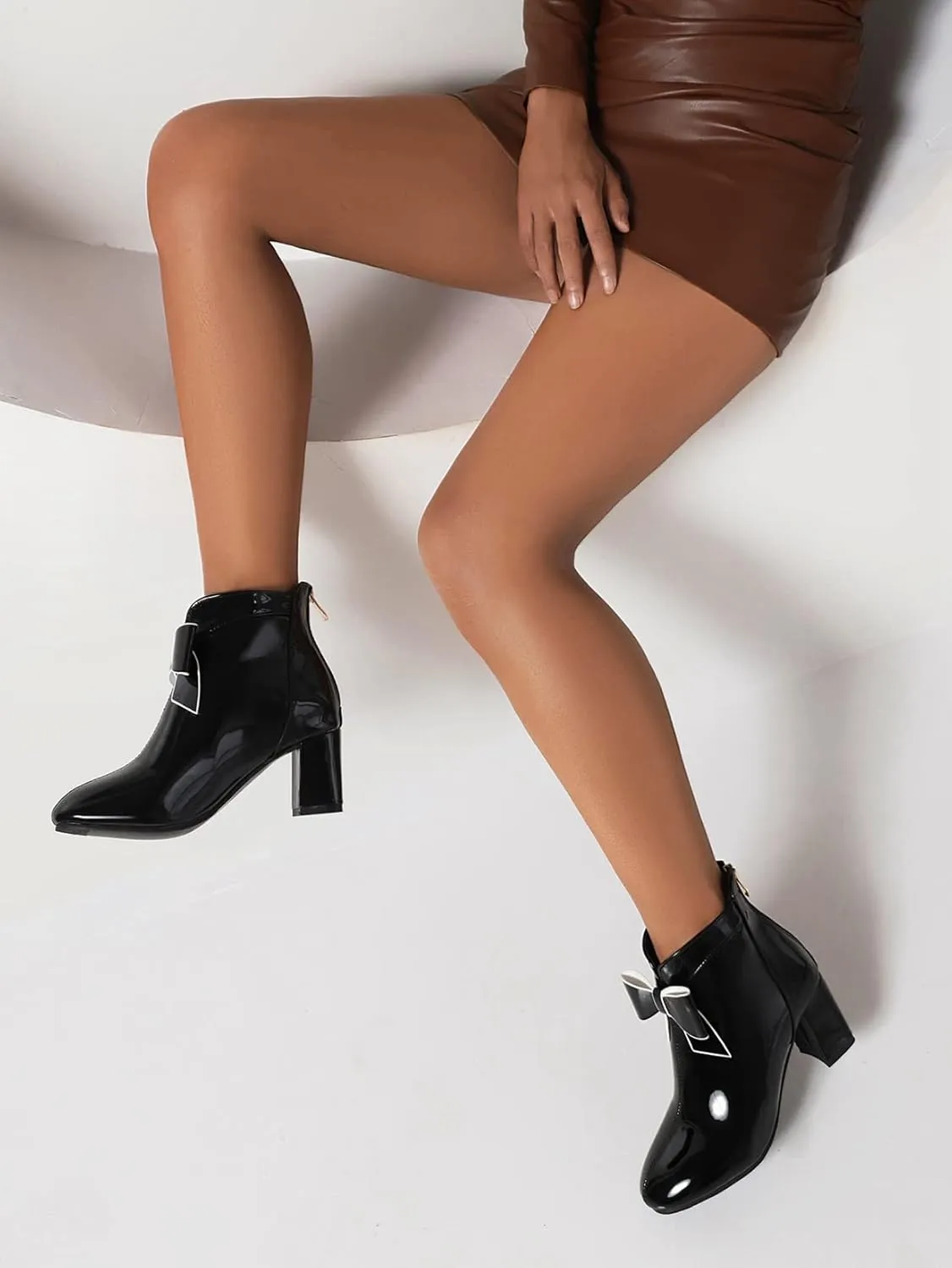 Patent Leather Gogo Boots Chunky Heel Ankle Boots Round Toe High Block Heel Booties Bow Back Zipper Womens Short Boots