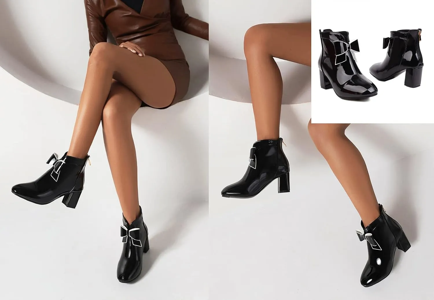 Patent Leather Gogo Boots Chunky Heel Ankle Boots Round Toe High Block Heel Booties Bow Back Zipper Womens Short Boots