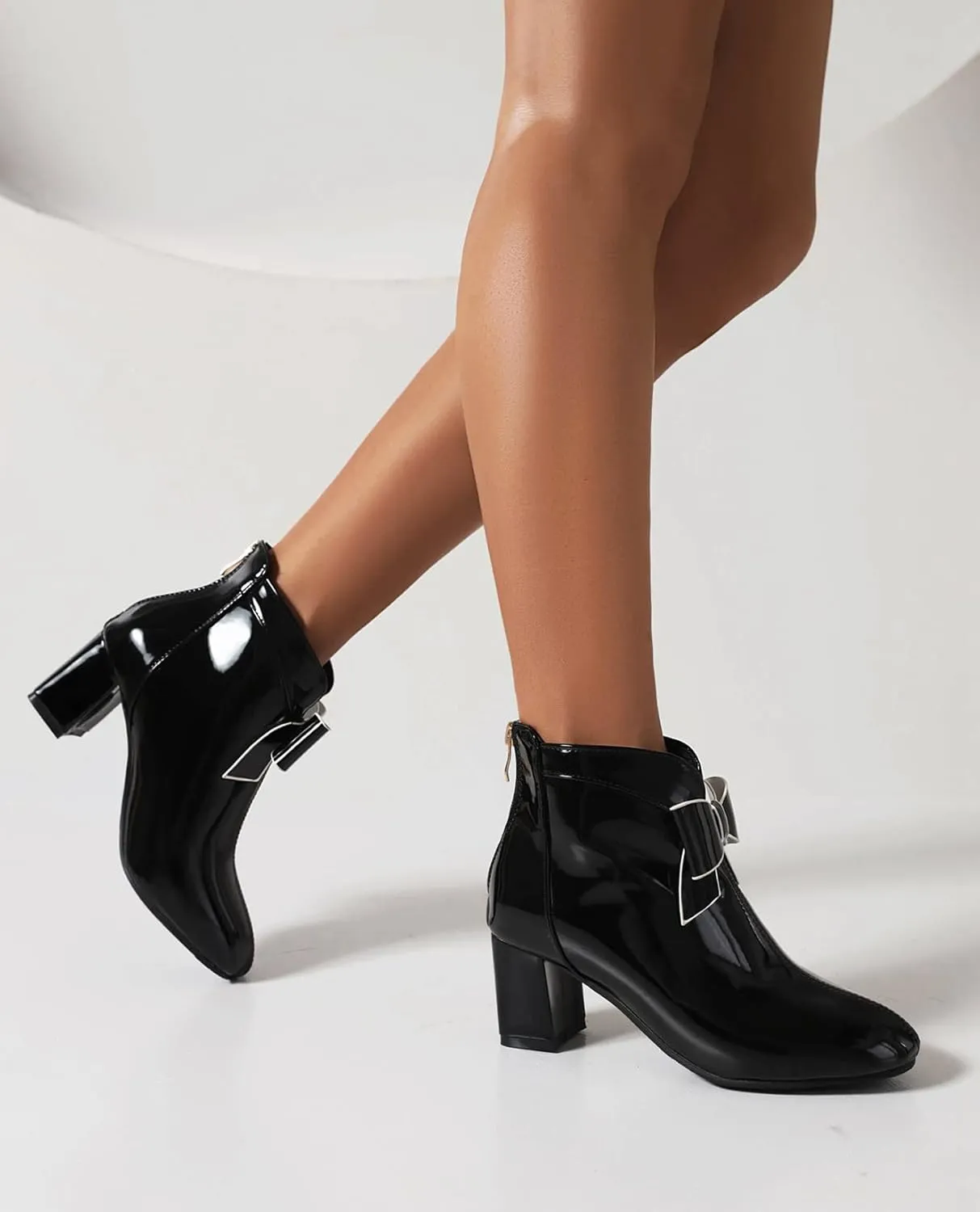 Patent Leather Gogo Boots Chunky Heel Ankle Boots Round Toe High Block Heel Booties Bow Back Zipper Womens Short Boots