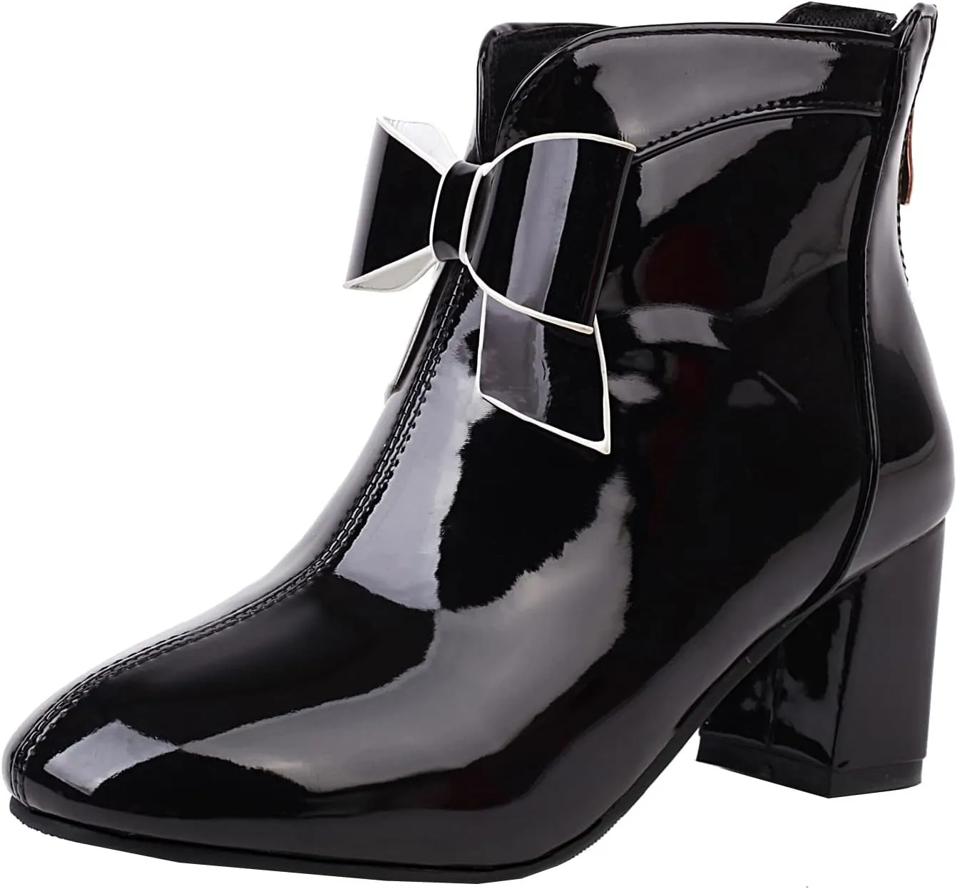 Patent Leather Gogo Boots Chunky Heel Ankle Boots Round Toe High Block Heel Booties Bow Back Zipper Womens Short Boots