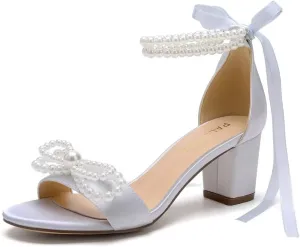 Pearl Heels Wedding Shoes - Block Heel Bridal Sandals with Open Toe and Bow