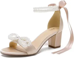 Pearl Heels Wedding Shoes - Block Heel Bridal Sandals with Open Toe and Bow