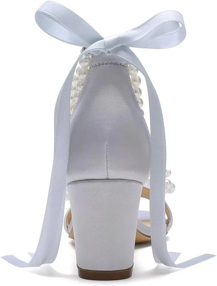 Pearl Heels Wedding Shoes - Block Heel Bridal Sandals with Open Toe and Bow