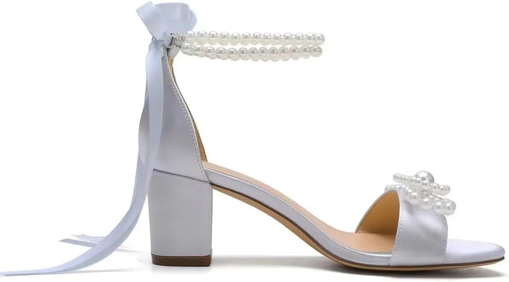 Pearl Heels Wedding Shoes - Block Heel Bridal Sandals with Open Toe and Bow