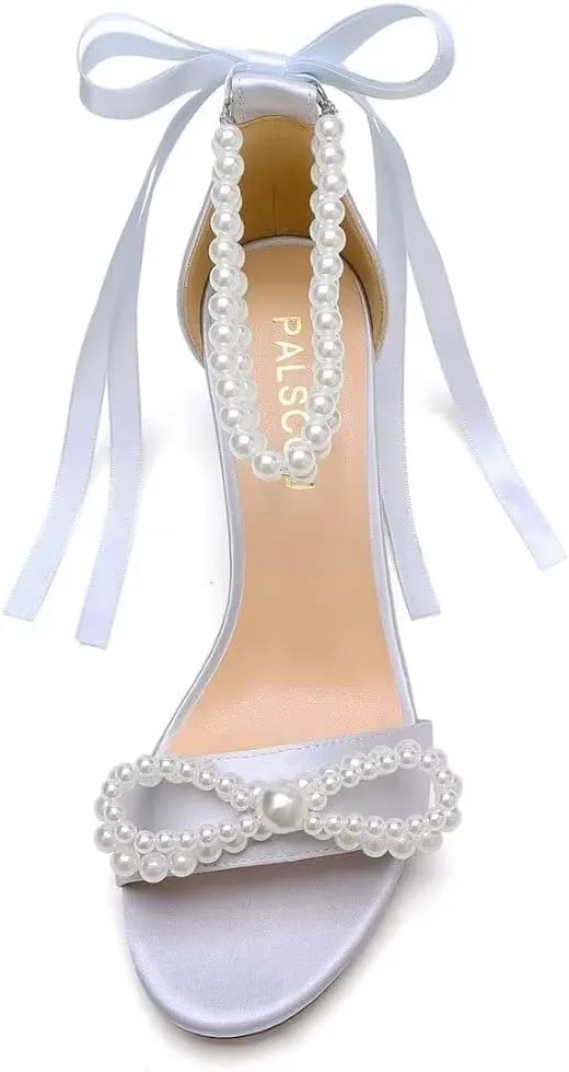 Pearl Heels Wedding Shoes - Block Heel Bridal Sandals with Open Toe and Bow