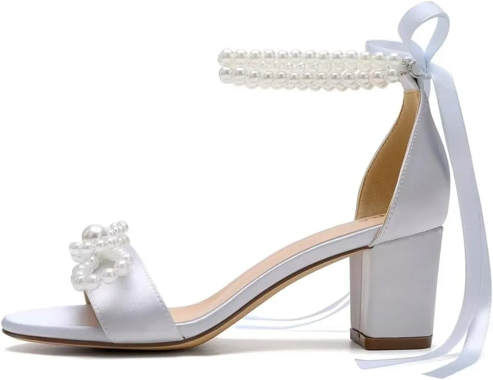 Pearl Heels Wedding Shoes - Block Heel Bridal Sandals with Open Toe and Bow