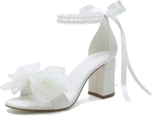 Pearl Wedding Shoes for Bride Block Heel Wedding Sandals Open Toe Bridal Shoes Bow Knot Heeled Sandals