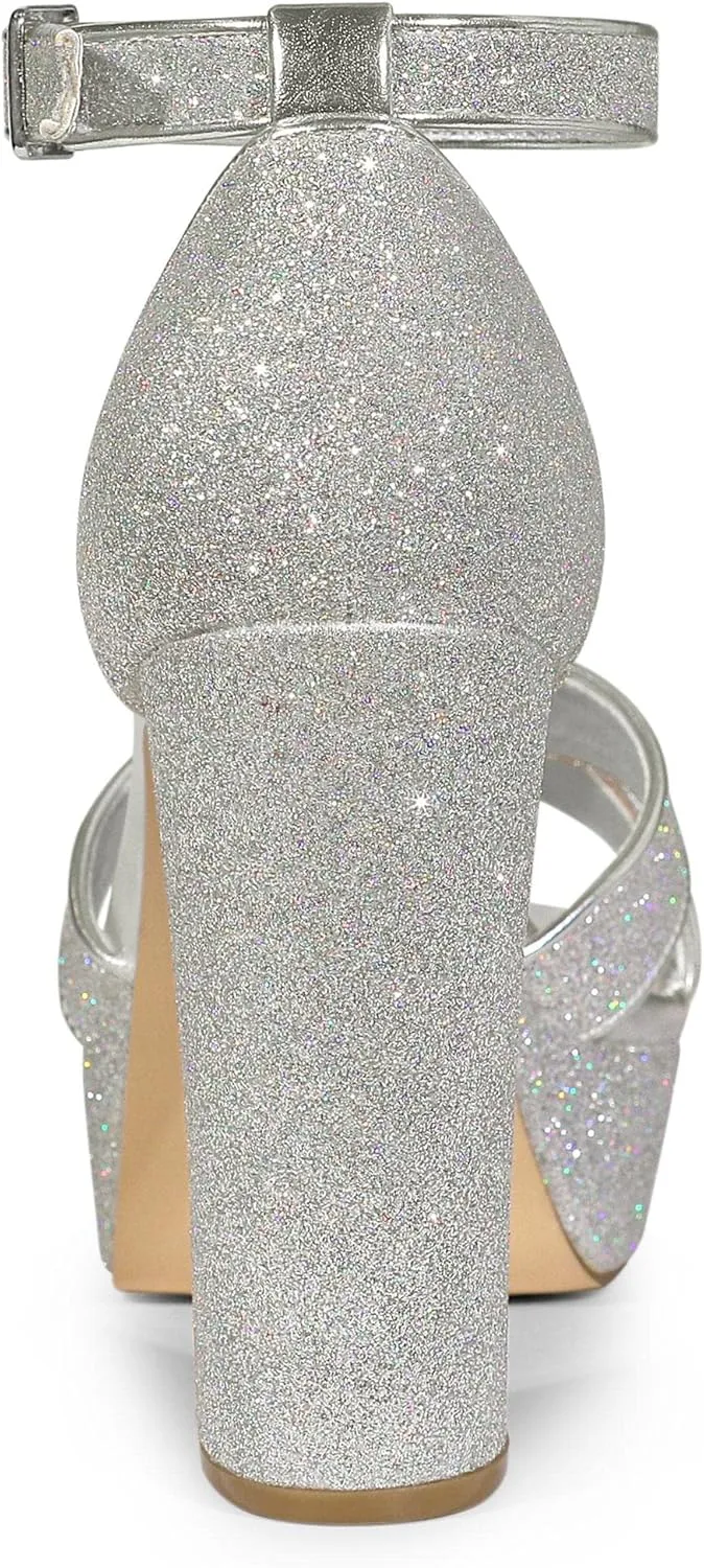 Perphy Glitter Platform Heel Crisscross Strap Chunky Heels Sandals for Women