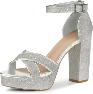 Perphy Glitter Platform Heel Crisscross Strap Chunky Heels Sandals for Women