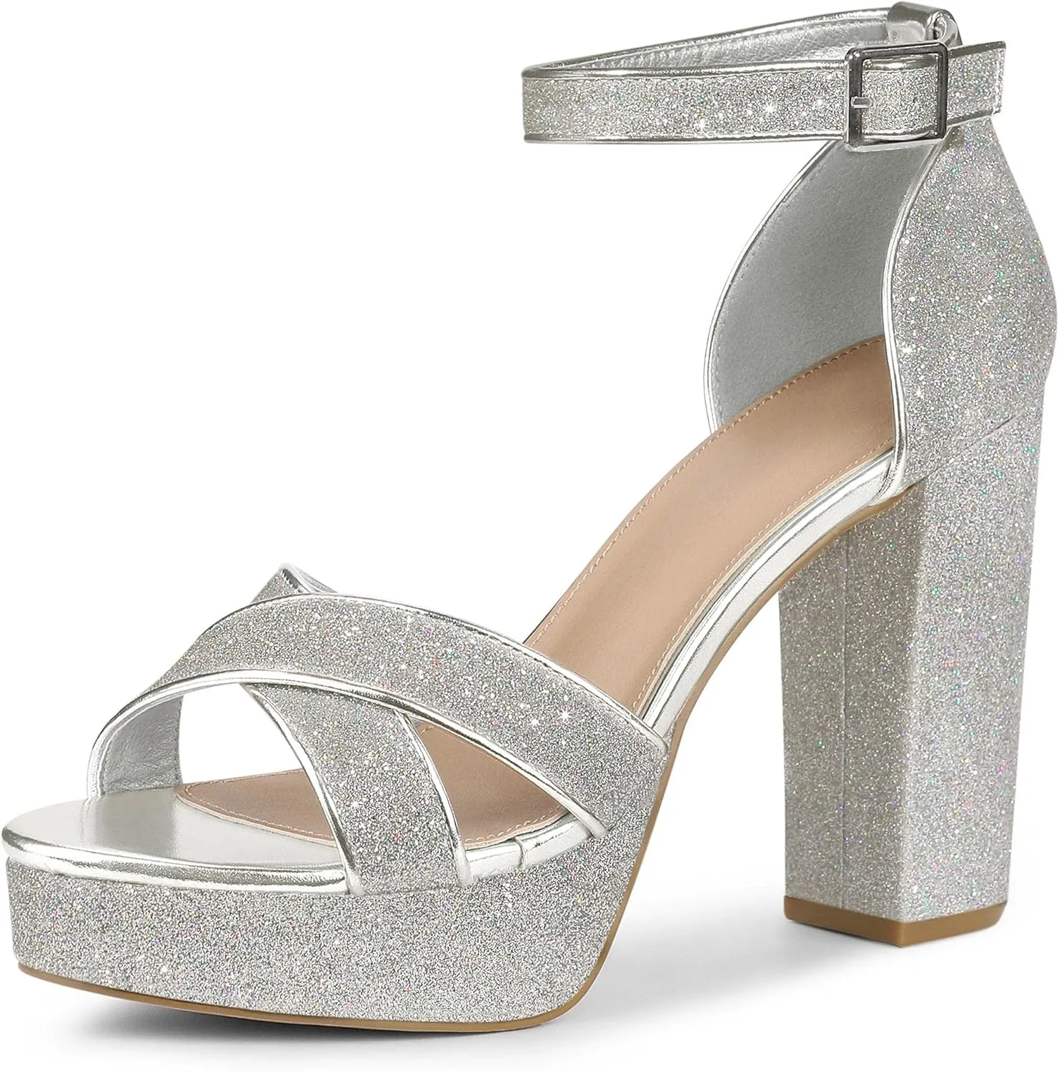 Perphy Glitter Platform Heel Crisscross Strap Chunky Heels Sandals for Women