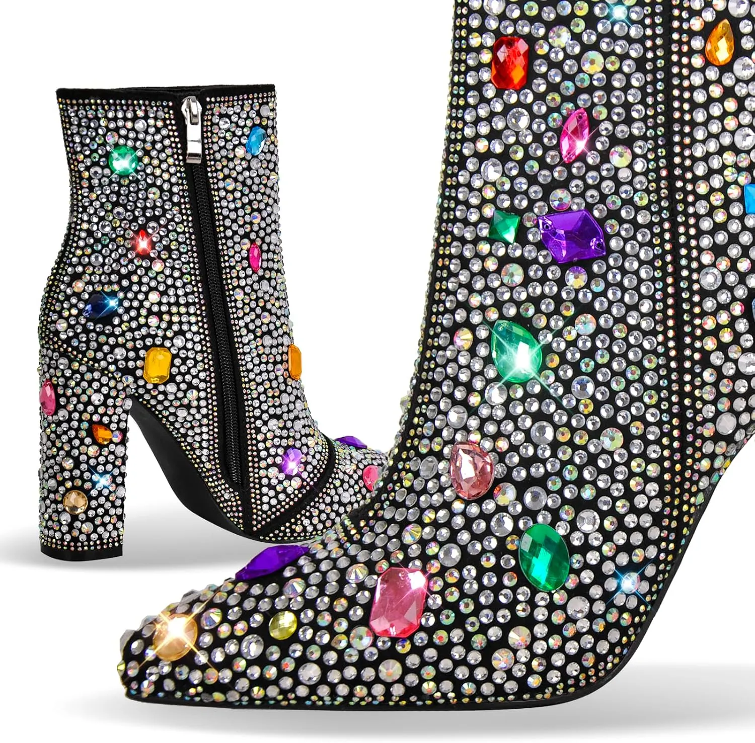 richealnini Rhinestones Ankle Boots with Side Zippers Mid Top Block Heels Sparkly Zip Up Short Booties
