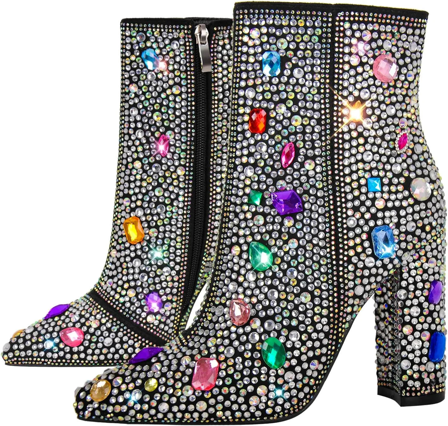richealnini Rhinestones Ankle Boots with Side Zippers Mid Top Block Heels Sparkly Zip Up Short Booties