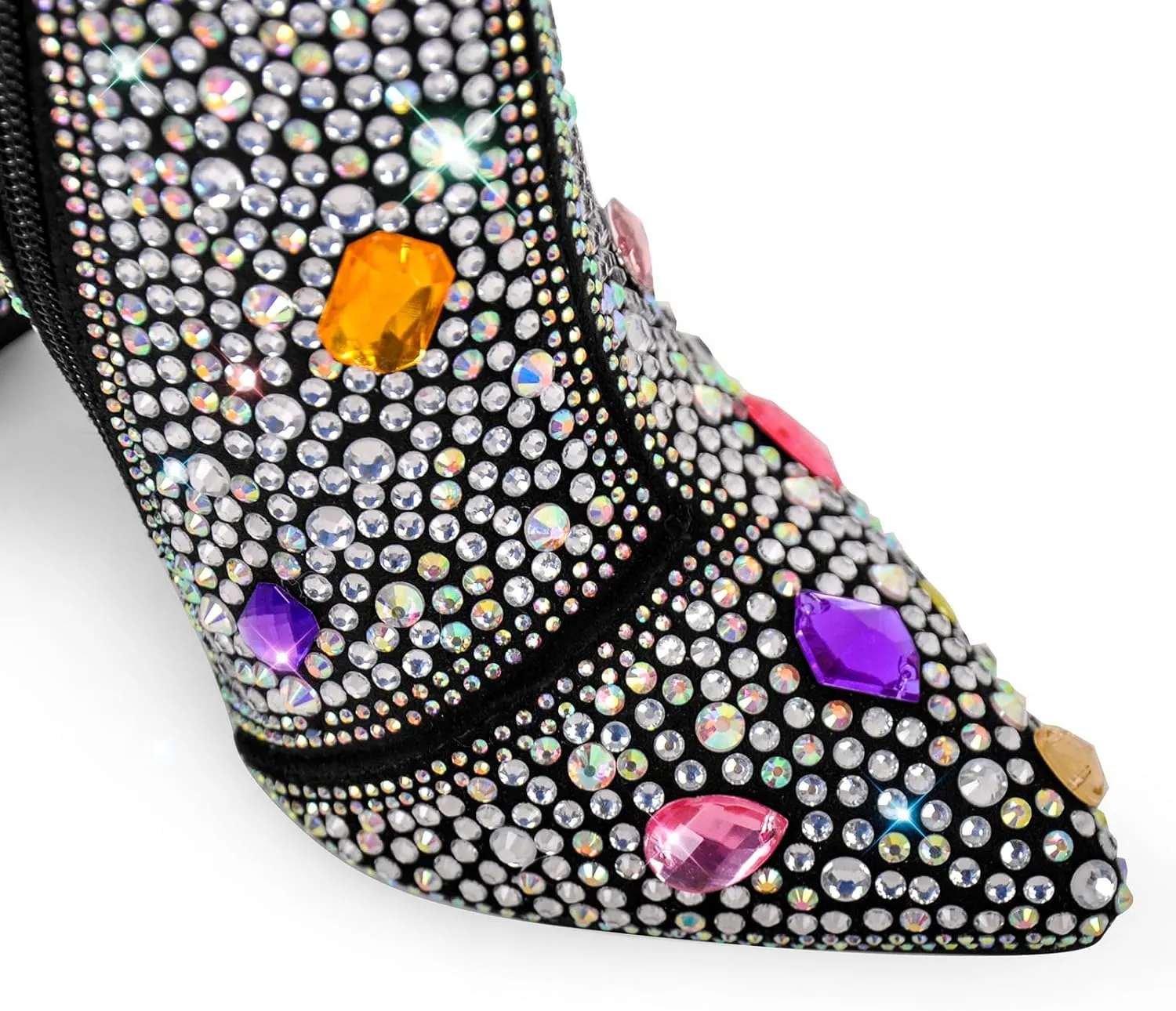 richealnini Rhinestones Ankle Boots with Side Zippers Mid Top Block Heels Sparkly Zip Up Short Booties