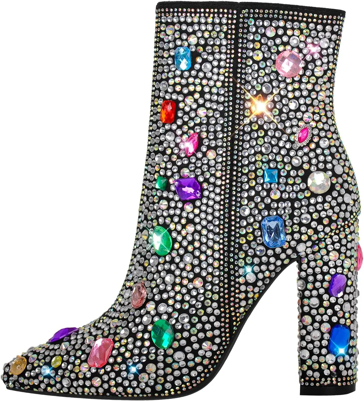 richealnini Rhinestones Ankle Boots with Side Zippers Mid Top Block Heels Sparkly Zip Up Short Booties