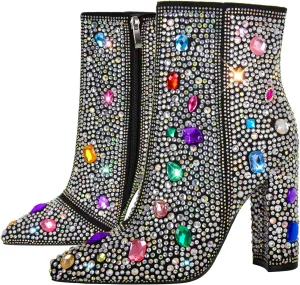 richealnini Rhinestones Ankle Boots with Side Zippers Mid Top Block Heels Sparkly Zip Up Short Booties