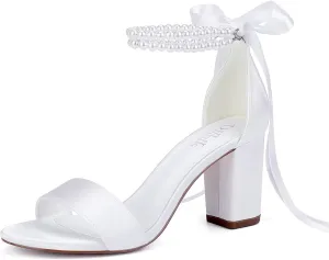 Satin Wedding Shoes for Bride Pearl Heels Bridal Shoes Wedding Heels Block Heel Wedding Sandals