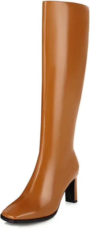 SHEMEE Women's Square Toe Chunky Heeled Knee High Boots Block Heels Tall Boot with Side Zipper
