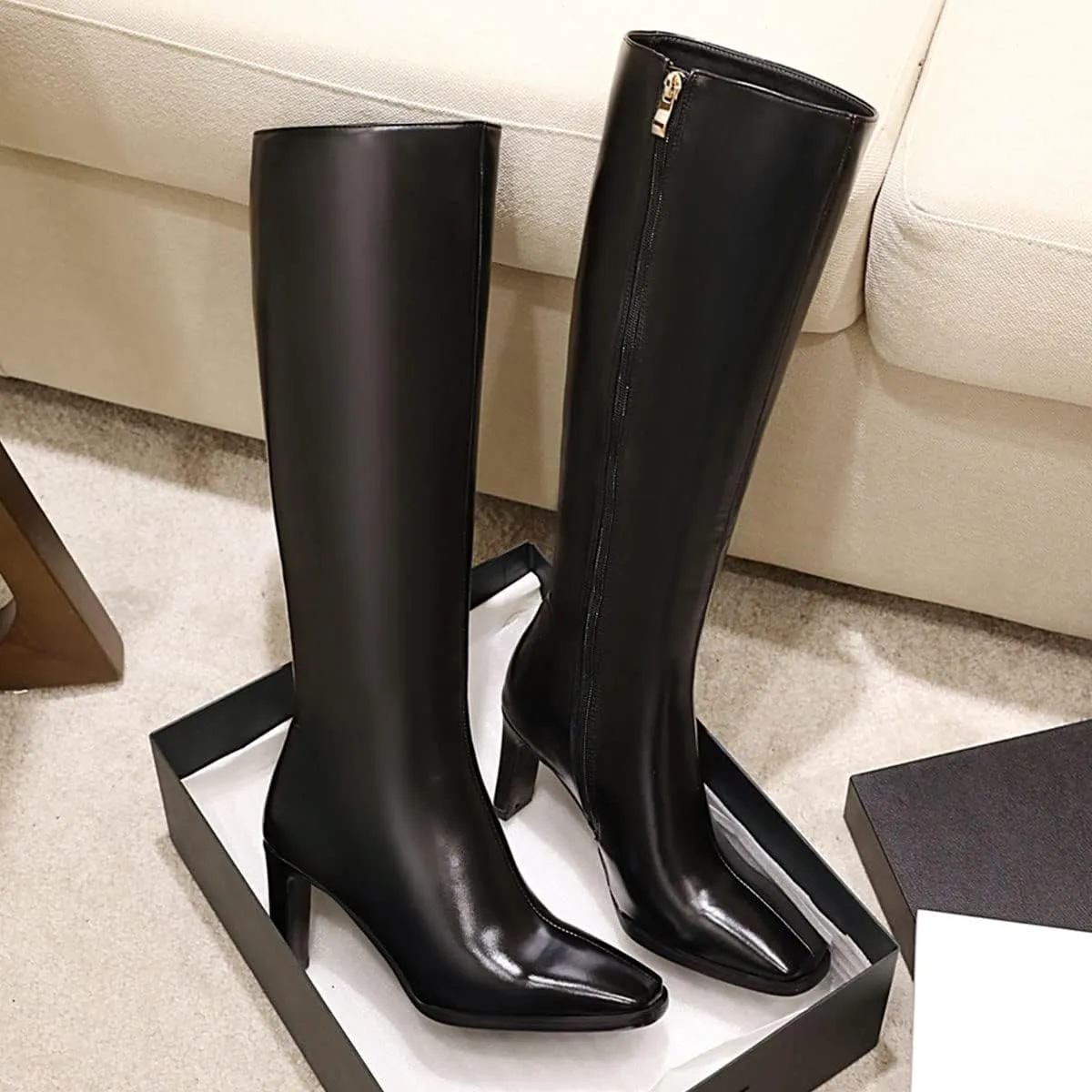 SHEMEE Women's Square Toe Chunky Heeled Knee High Boots Block Heels Tall Boot with Side Zipper