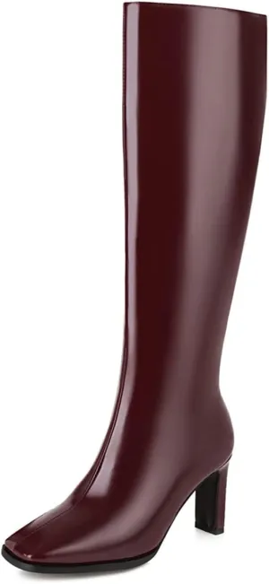 SHEMEE Women's Square Toe Chunky Heeled Knee High Boots Block Heels Tall Boot with Side Zipper