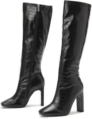 SHEMEE Women's Square Toe Chunky Heeled Knee High Boots Block Heels Tall Boot with Side Zipper
