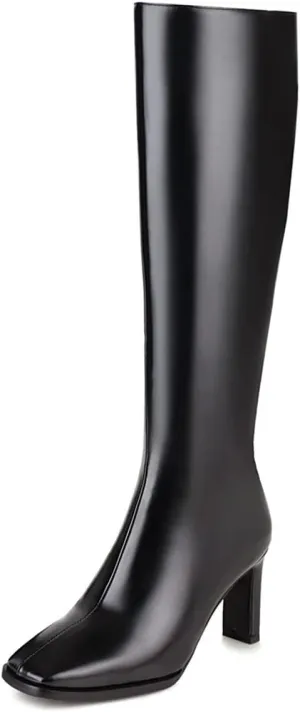 SHEMEE Women's Square Toe Chunky Heeled Knee High Boots Block Heels Tall Boot with Side Zipper