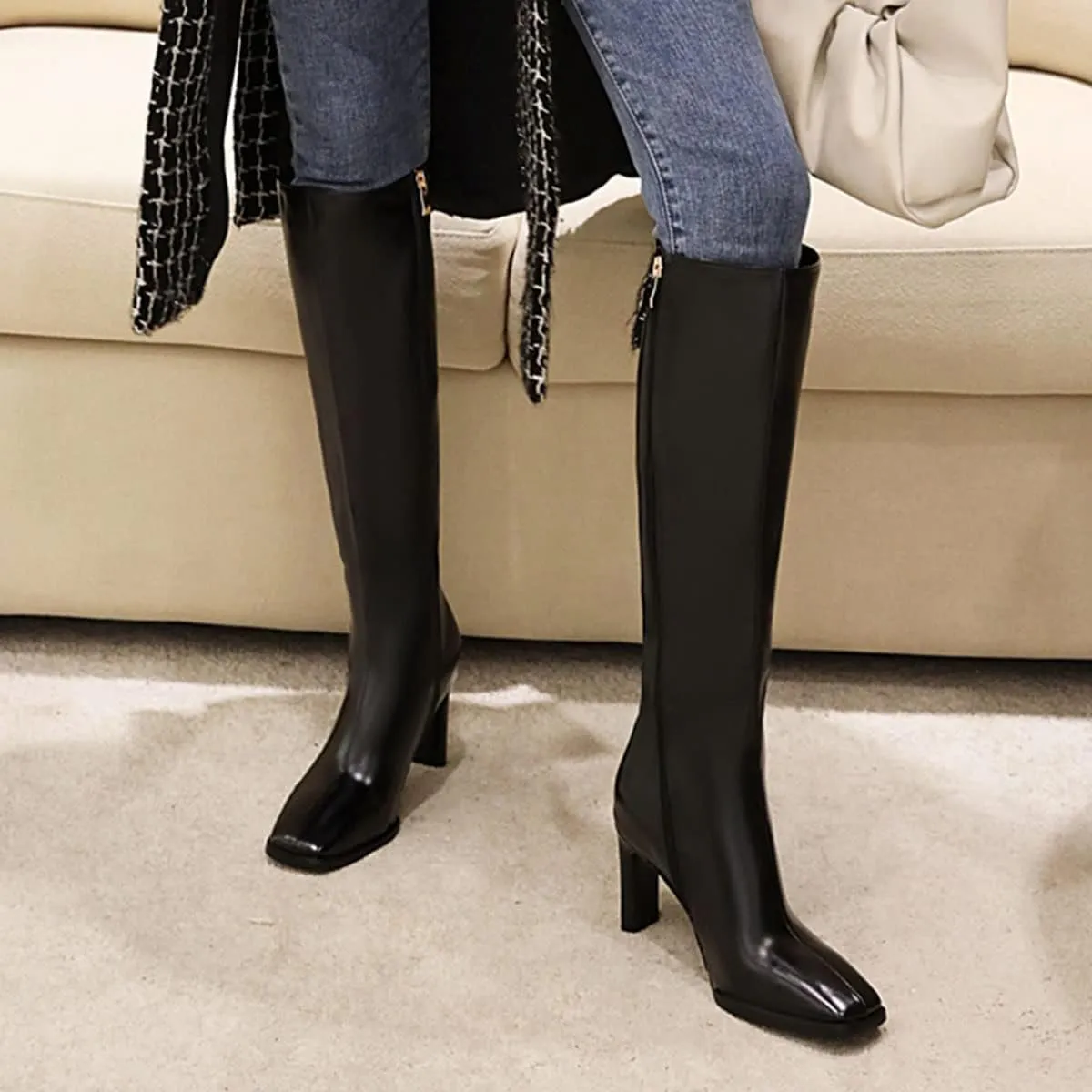 SHEMEE Women's Square Toe Chunky Heeled Knee High Boots Block Heels Tall Boot with Side Zipper
